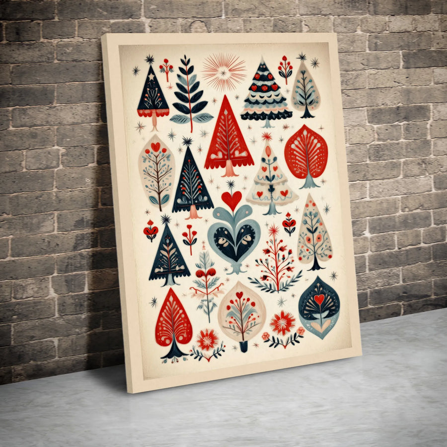 Scandinavian Christmas Tree Canvas Wall Art | Vintage Folk Art Illustration | Premium Gallery Wrapped Print | Holiday Home Decor Gift