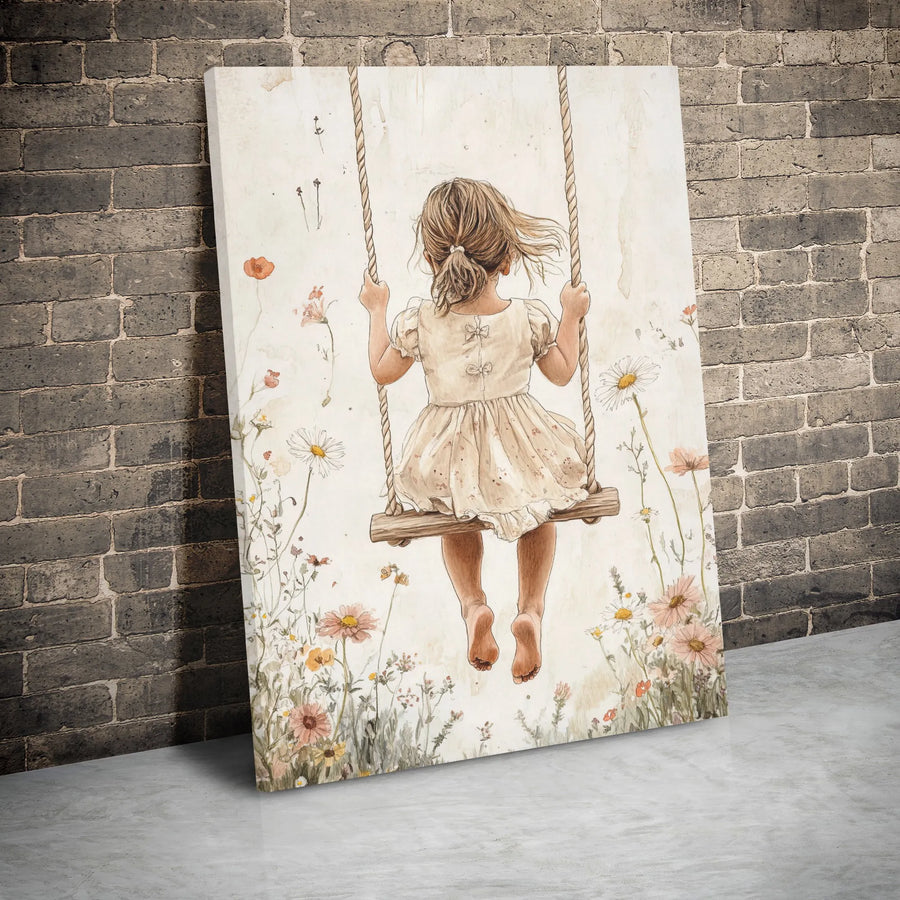 Girl On Swing Canvas Wall Art | Watercolor Wildflower Field Print | Premium 1.25" Gallery Wrap | Whimsical Nursery & Home Decor Gift