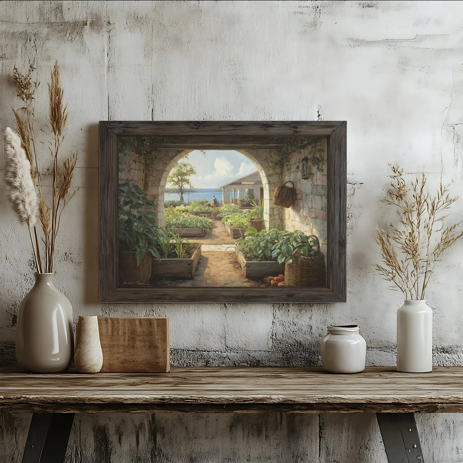 Mediterranean Garden Arch Horizontal Canvas | Tuscan Courtyard & Coastal Sea View Painting | Premium Fade-Resistant Wall Art | Scenic Nature Lover Gift, Cozy Home Decor