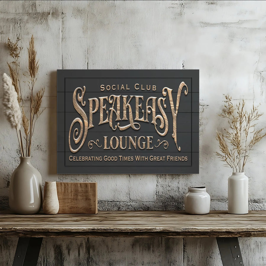 Speakeasy Lounge Canvas Wall Art | Vintage Social Club Sign with 3D Wood Effect Print | Premium Gallery Wrapped Canvas | Home Bar or Man Cave Decor Gift