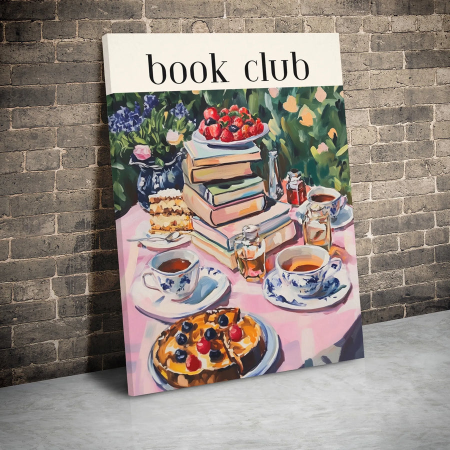 Book Club Canvas Wall Art | Impressionist Tea Party with Books and Cake | Premium Gallery-Wrapped Print | Aesthetic Decor Gift for Readers