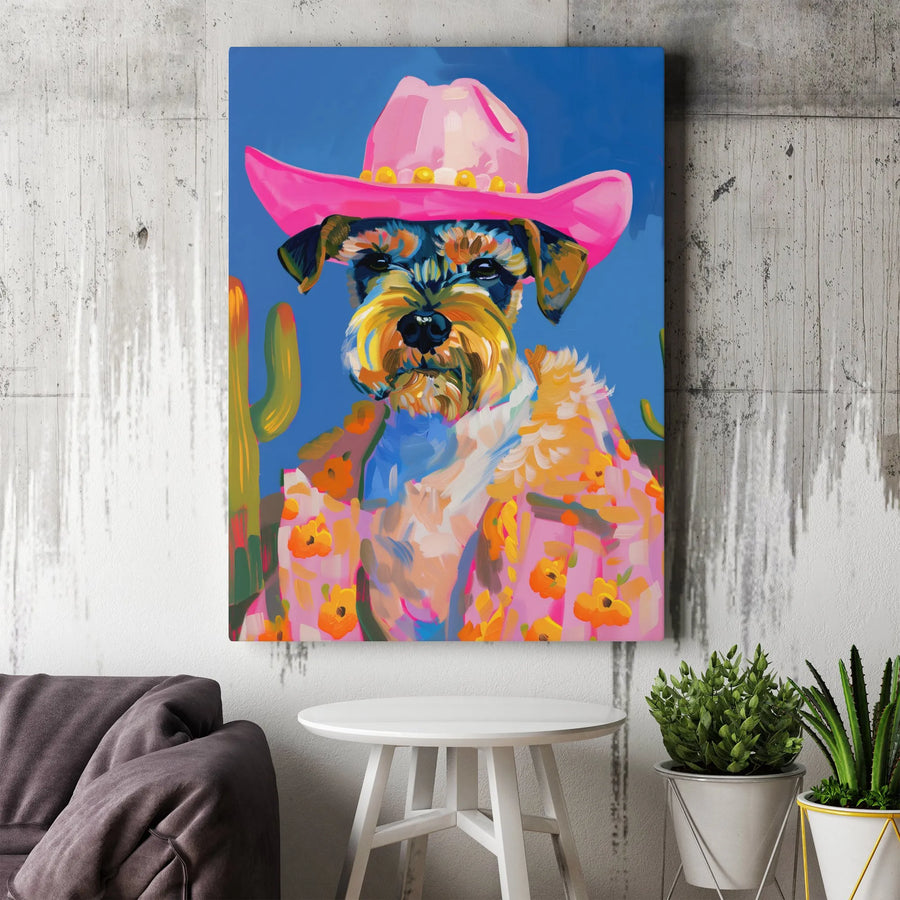 Schnauzer Cowboy Dog Canvas Wall Art | Colorful Western Pop Art Print | 1.25-Inch Premium Gallery Wrap | Unique Dog Lover Gift Home Decor
