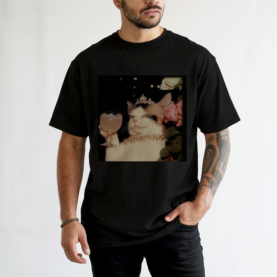 Fancy Cat Graphic T-Shirt | Royal Crown & Pearls Meme Art | 100% Cotton Premium Tee | Funny Animal Lover Gift for Men and Women