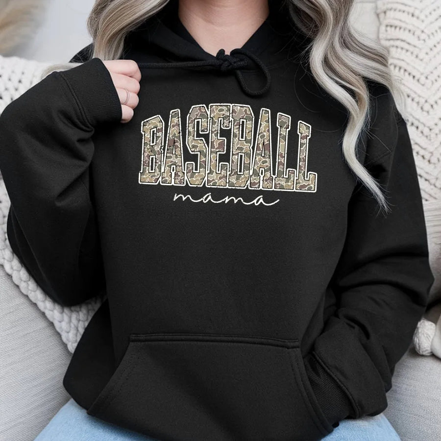 Baseball Mama Hoodie | Camo Print Game Day Apparel | Soft Cotton Blend Pullover | Gift for Proud Baseball Mom