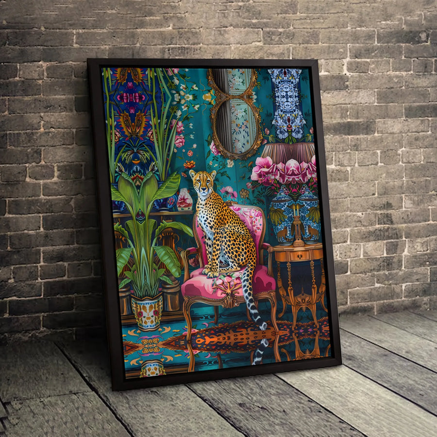 Cheetah Wall Art Canvas | Maximalist Botanical Jungle Home Decor | Premium Gallery Wrap Print | Whimsical Animal Portrait Gift