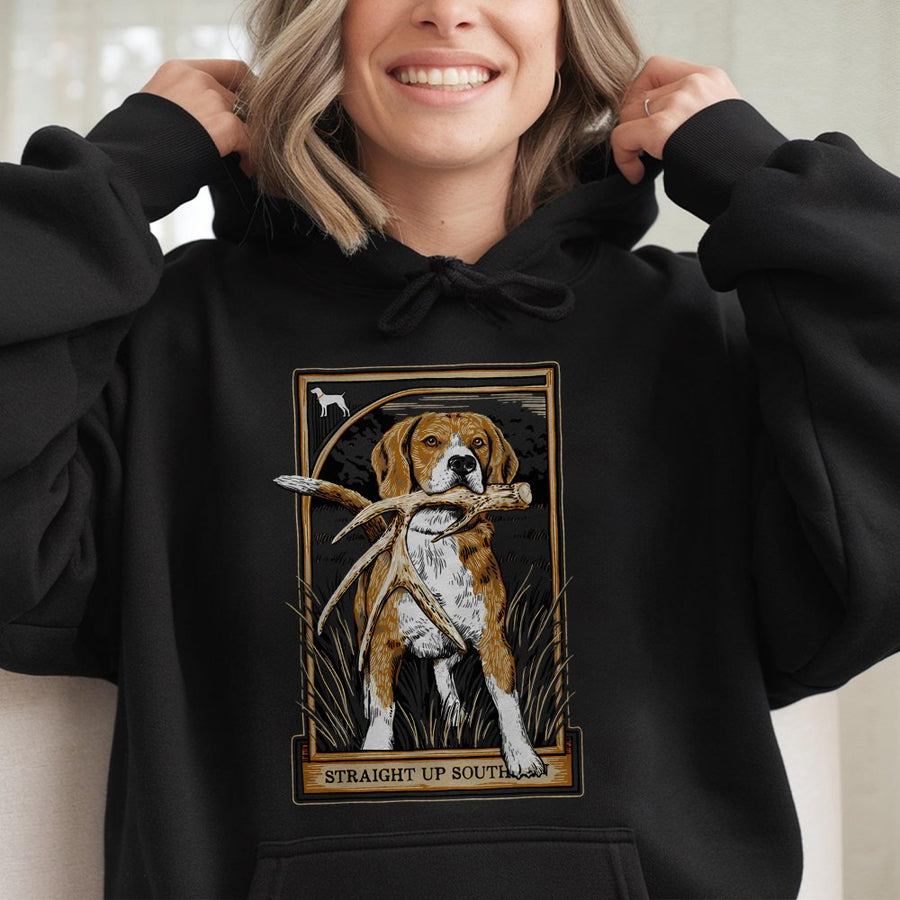 Beagle Shed Hunting Hoodie | Artistic Dog Deer Antler Illustration | Premium Cotton-Blend Sweatshirt | Outdoorsman Nature Lover Gift