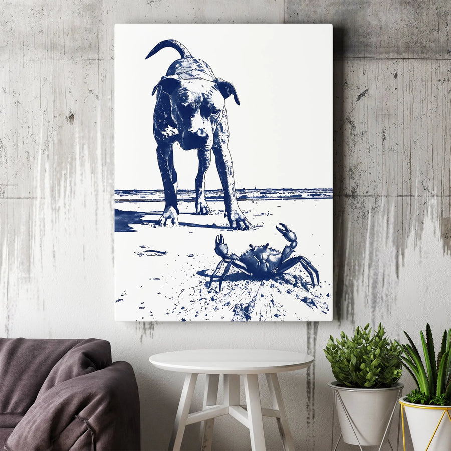 Pitbull Wall Art | Dog and Crab Beach Graphic Print | Premium Gallery Wrapped Canvas | Coastal Home Decor Gift for Dog Lovers