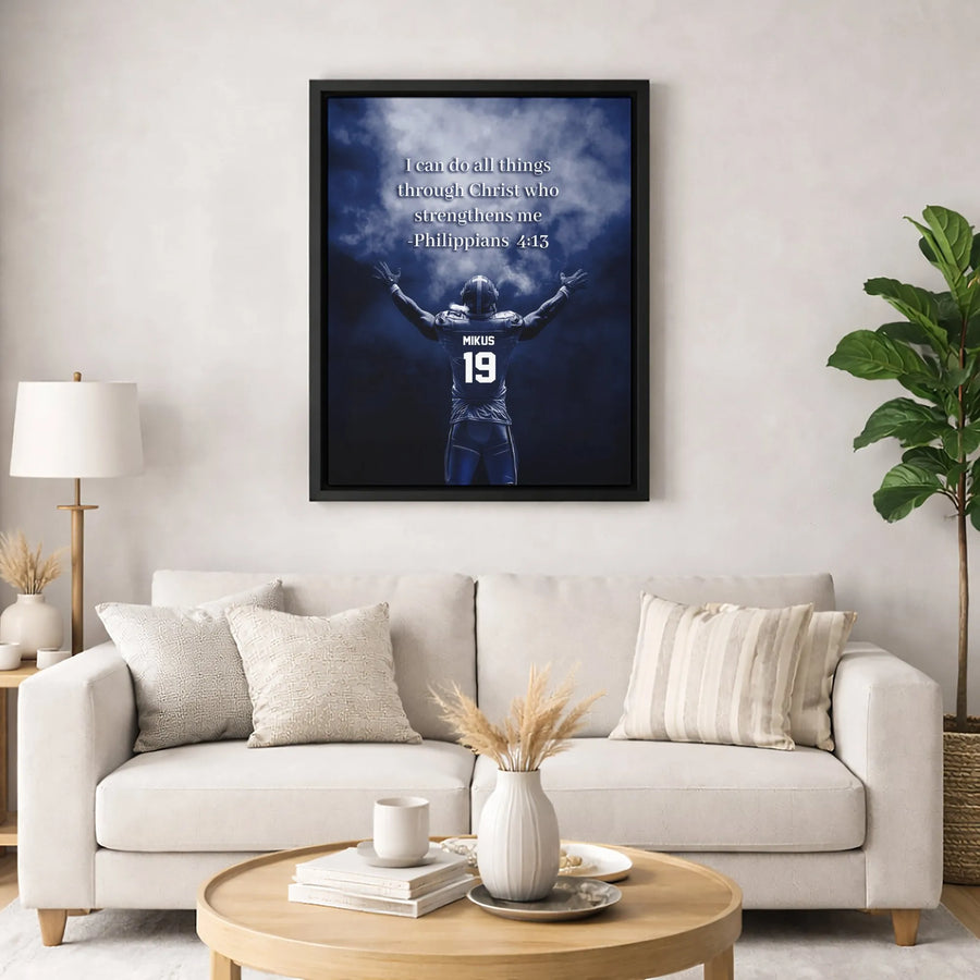Philippians 4:13 Football Wall Art | Christian Scripture Canvas Print | Premium Gallery-Wrapped Decor | Motivational Gift for Athletes