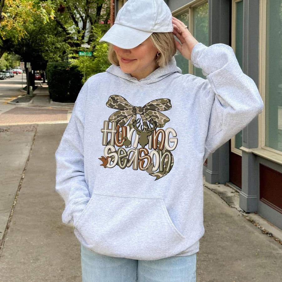 Hunting Season Hoodie | Camo Bow Graphic Deer & Duck Design | Premium Cotton-Polyester Blend | Trendy Outdoor Gift for Women & Teens