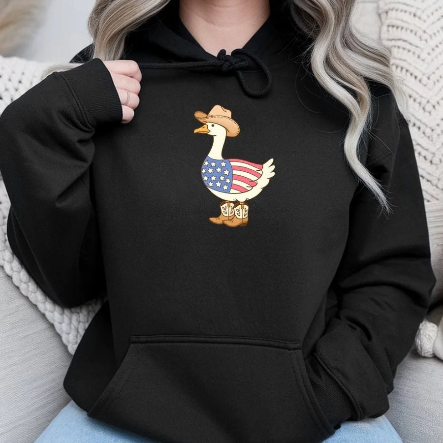 Silly Goose 4th of July Hoodie | Funny Patriotic Cowboy Goose Graphic | Premium Cotton Blend | Unisex Independence Day Party Gift