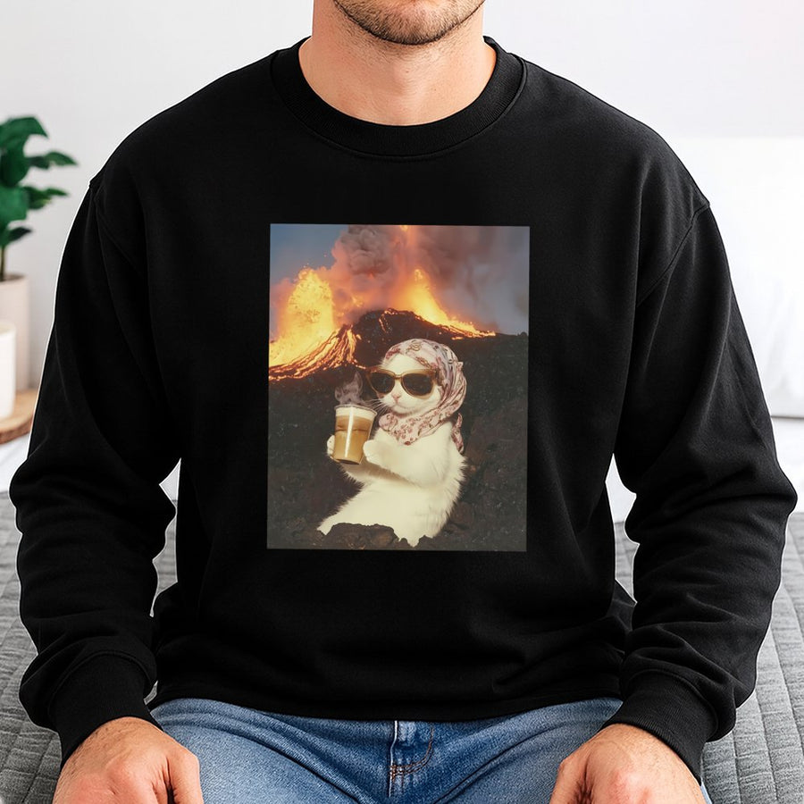 Funny Cat Sweatshirt | Chill Cat Drinking Coffee in Volcano Graphic | Premium Cotton Blend Crewneck | Viral Meme Gift for Cat Lovers