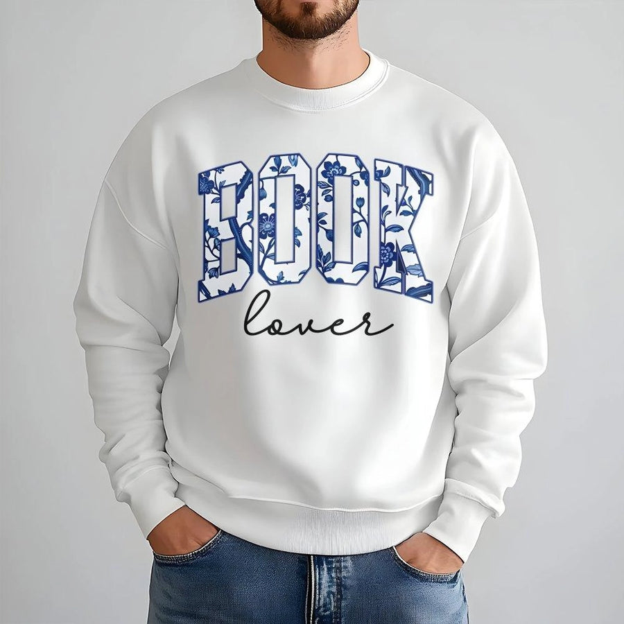 Book Lover Sweatshirt | Blue Chinoiserie Floral Lettering | Premium Soft Cotton Blend | Gift for Readers, Librarians and Teachers