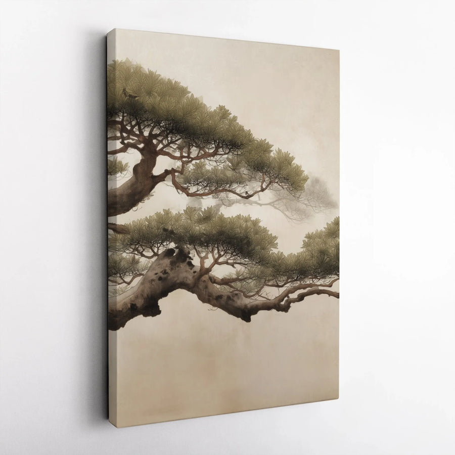 Japanese Pine Tree Vertical Canvas | Minimalist Sumi-e Art Print | Premium Thick Gallery Wrap | Zen Decor for Living Room & Office Gift