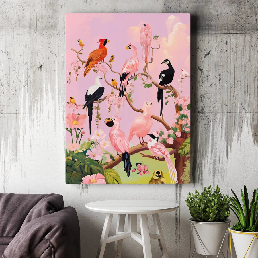 Exotic Birds Vertical Canvas | Vibrant Chinoiserie Style Avian Painting | Premium Gallery Wrapped Wall Art | Collector's Home Decor Gift for Bird Lovers