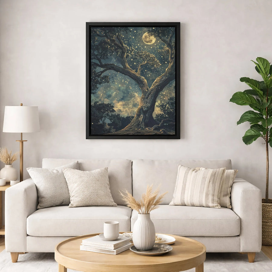 Enchanted Moonlit Tree Canvas Print | Starry Night Forest Wall Art | Premium Gallery-Wrapped 1.25" Profile | Magical Nature Home Decor Gift