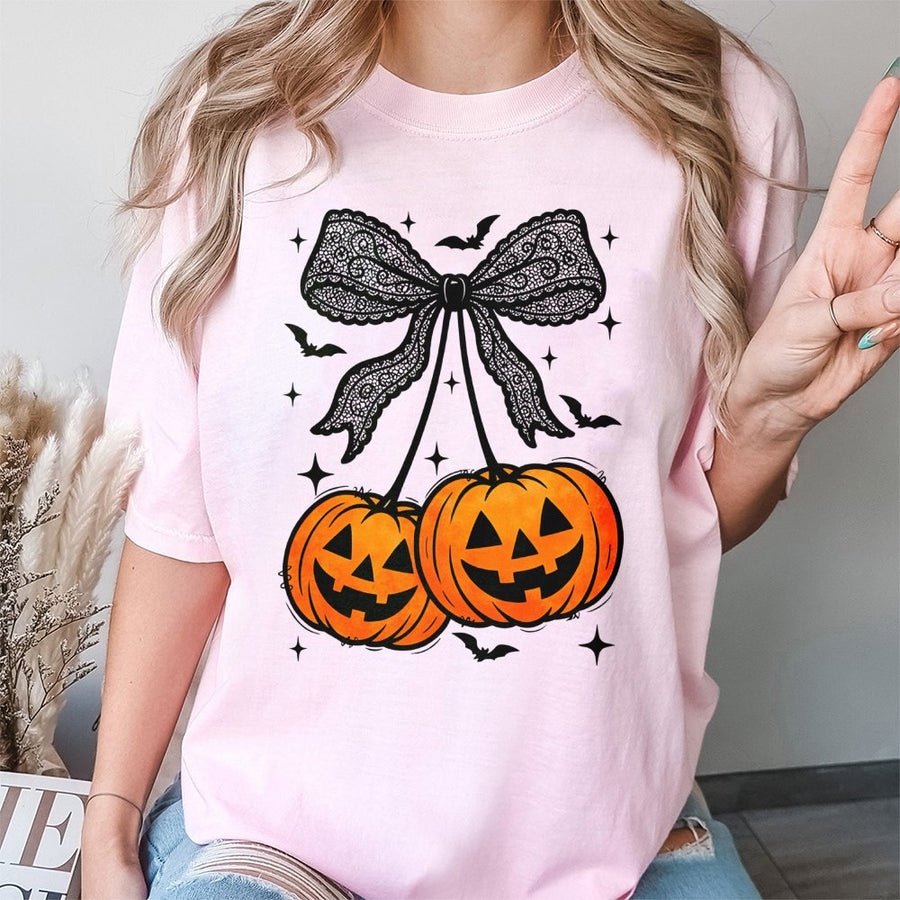 Pumpkin Cherry Bow T-Shirt | Spooky Cute Halloween Graphic Tee | 100% Cotton Premium Quality | Festive Fall Gift For Women & Teens