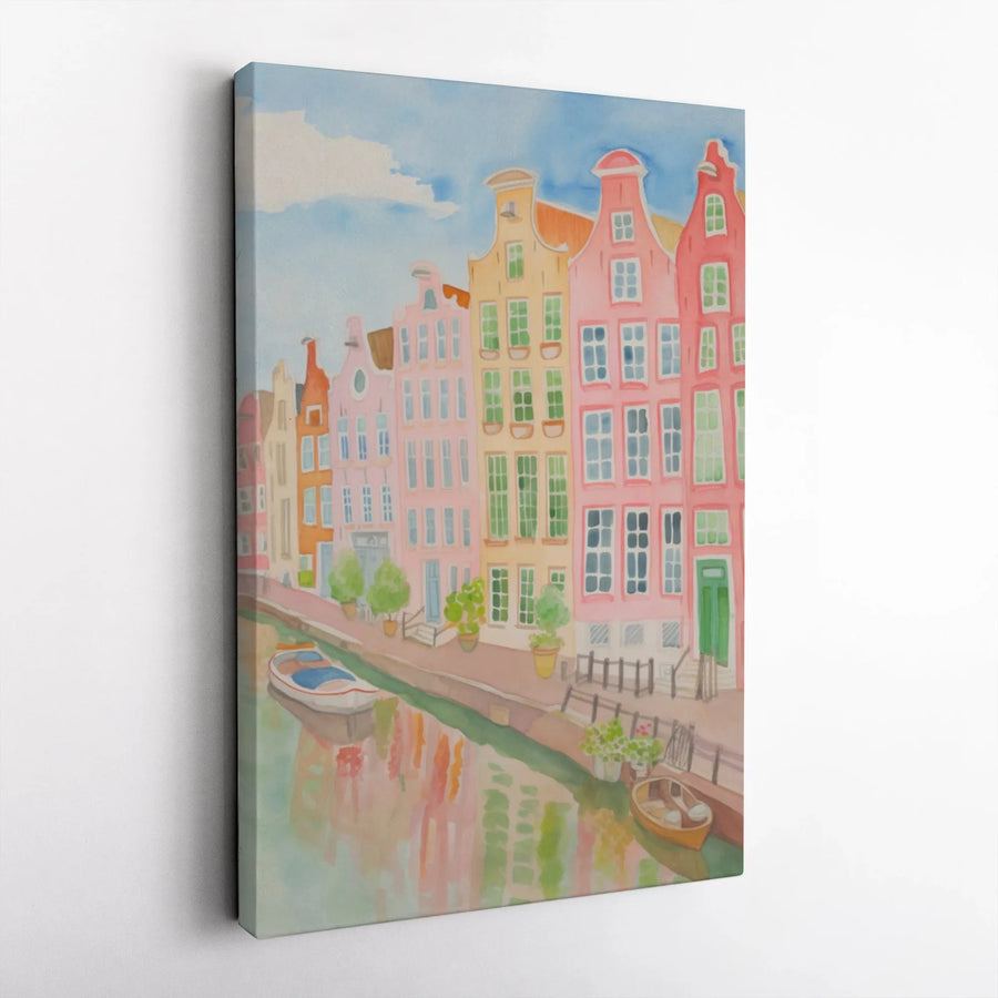 Amsterdam Canal House Canvas Art | Watercolor European Townscape Print | Premium 1.25-Inch Gallery Wrap | Travel Inspired Home Decor Gift