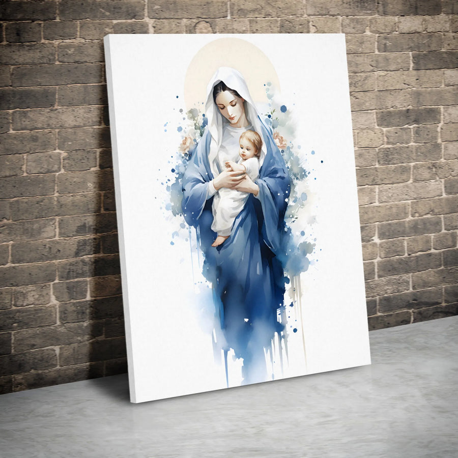 Virgin Mary and Baby Jesus Canvas Art | Watercolor Religious Wall Decor | Premium Fade-Resistant Gallery Wrap | Christian Home Gift
