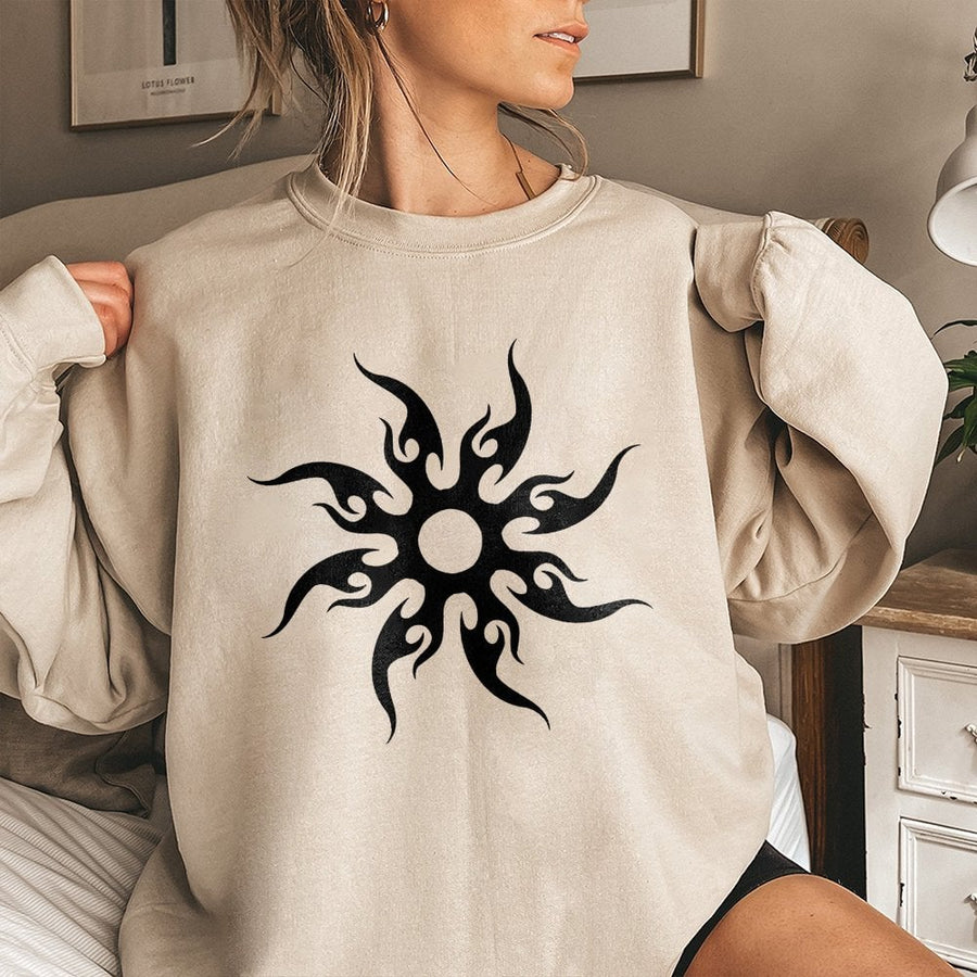 Tribal Sun Flame Sweatshirt | Y2K Grunge Aesthetic Graphic | Cotton Blend Premium Crewneck | Unisex Streetwear Gift for Him and Her