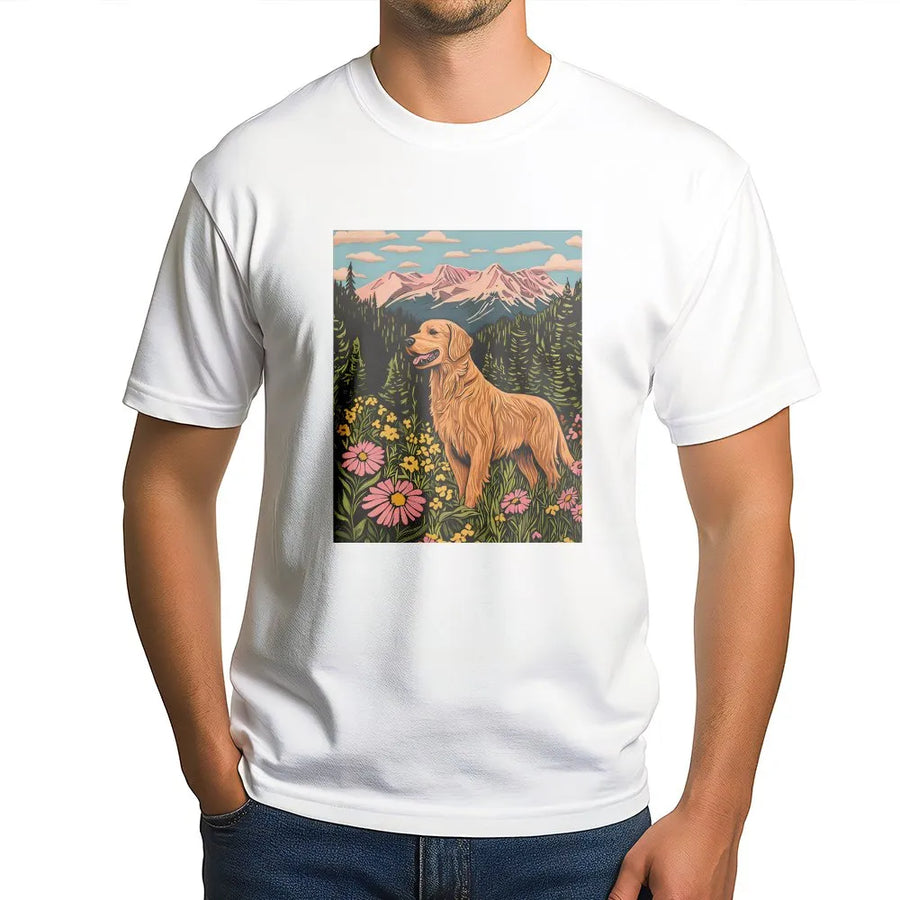 Golden Retriever T-Shirt | Artistic Nature Mountain Forest Graphic | Premium 100% Cotton Tee | Dog Lover Gift for Outdoor Adventurers