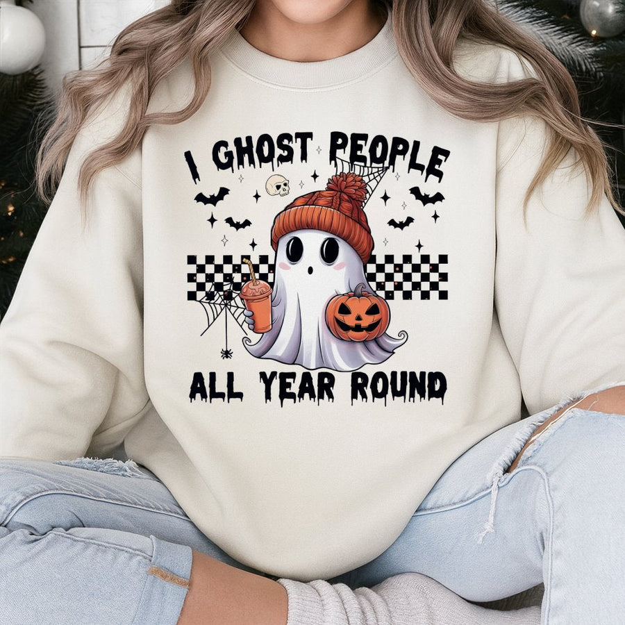 I Ghost People All Year Round Sweatshirt | Cute Spooky Ghost Graphic Hoodie | Premium Cotton Blend Crewneck | Halloween Gift For Her