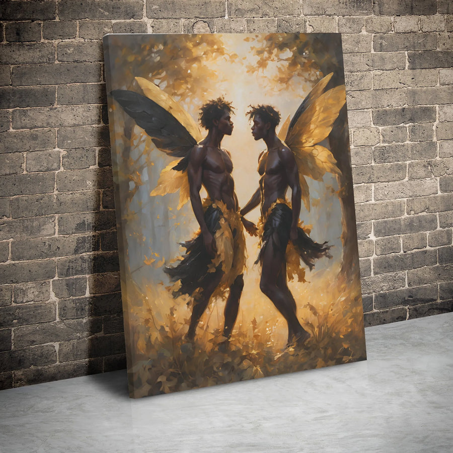 Black Male Fairy Wall Art | Ethereal Fantasy Forest Couple Canvas | Premium Gallery Wrap Print | LGBTQ Pride Home Decor Gift