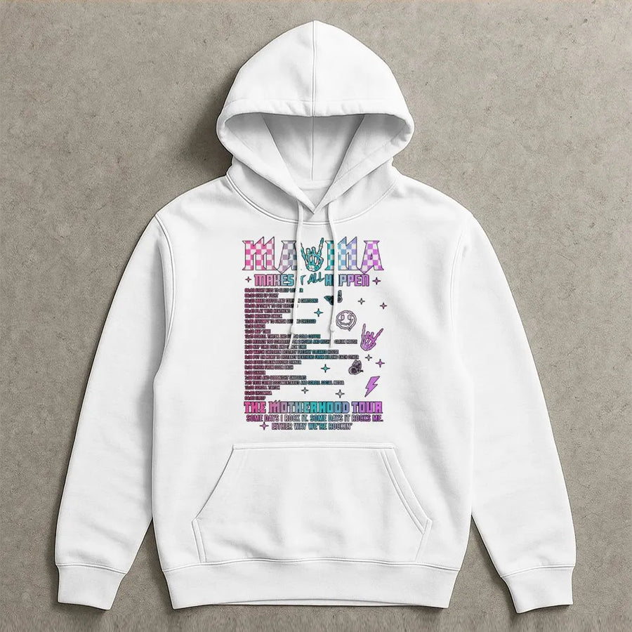 Mama The Motherhood Tour Hoodie | Funny Rocker Mom Graphic Sweatshirt | Premium Cotton Blend | Relatable Gift For New Moms & Tired Parents