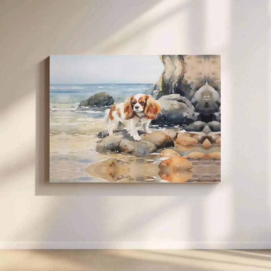 Cavalier King Charles Spaniel Wall Art | Watercolor Dog on Beach Portrait | Premium Gallery-Wrapped Canvas | Gift for Dog Lovers