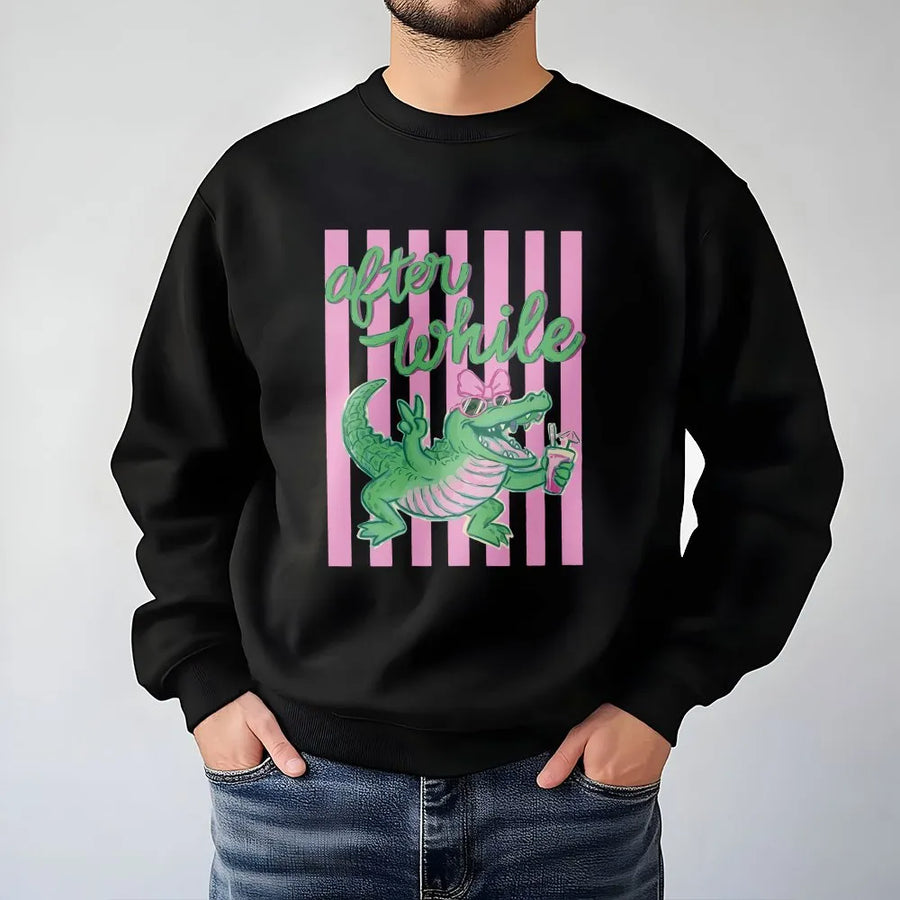 After While Crocodile Sweatshirt | Funny Pink & Green Gator Graphic | Soft Cotton Blend | Preppy Beach Vacation Gift for Women