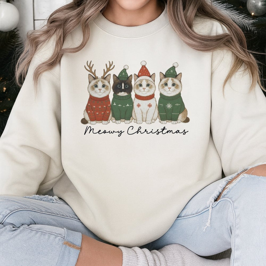 Meowy Christmas Cat Sweatshirt | Festive Reindeer Kitties Graphic | Premium Cotton Blend | Funny Holiday Gift for Cat Lovers