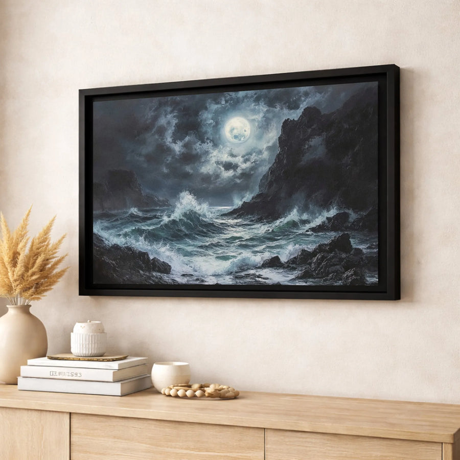 Stormy Ocean Canvas Wall Art | Moody Seascape with Crashing Waves and Full Moon | Premium Gallery-Wrapped Print | Gift for Nature Lovers