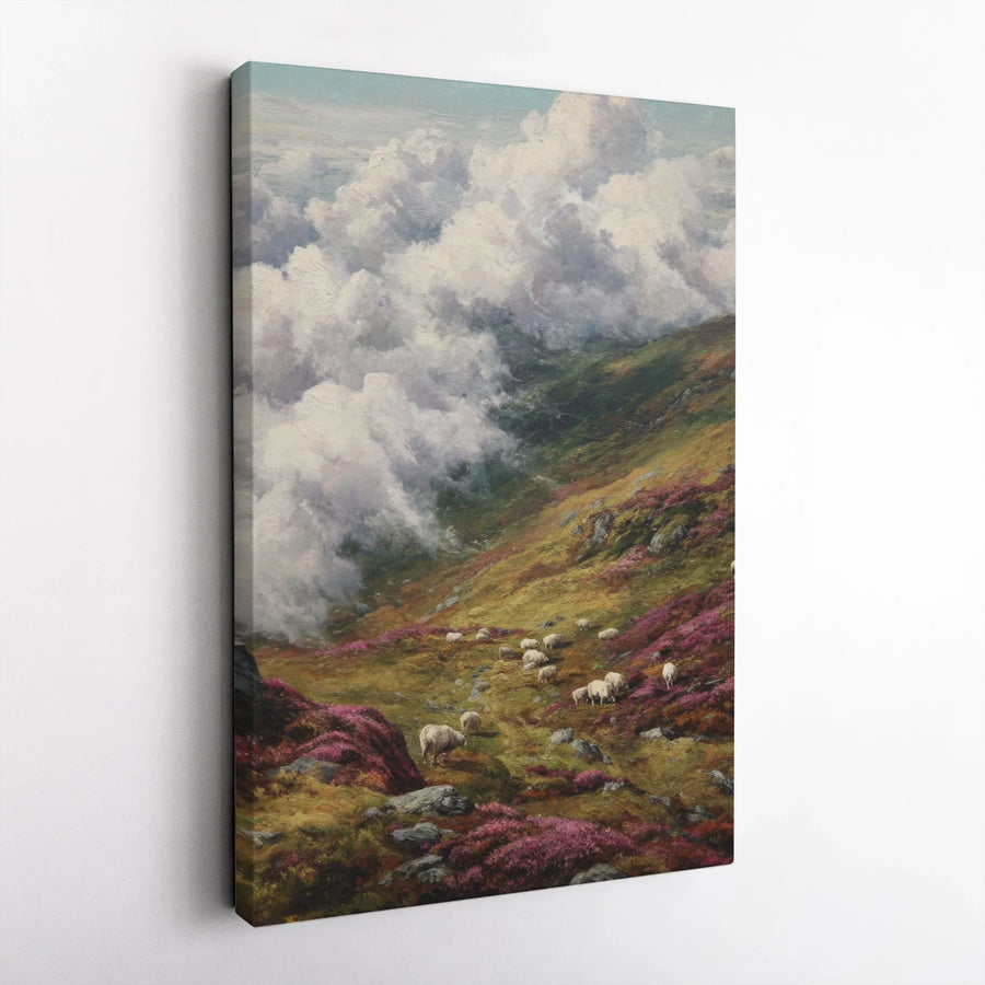 Vintage Sheep Painting Canvas Wall Art | Scottish Highlands Landscape with Heather | Premium Gallery Wrapped Canvas | Rustic Farmhouse Living Room Decor