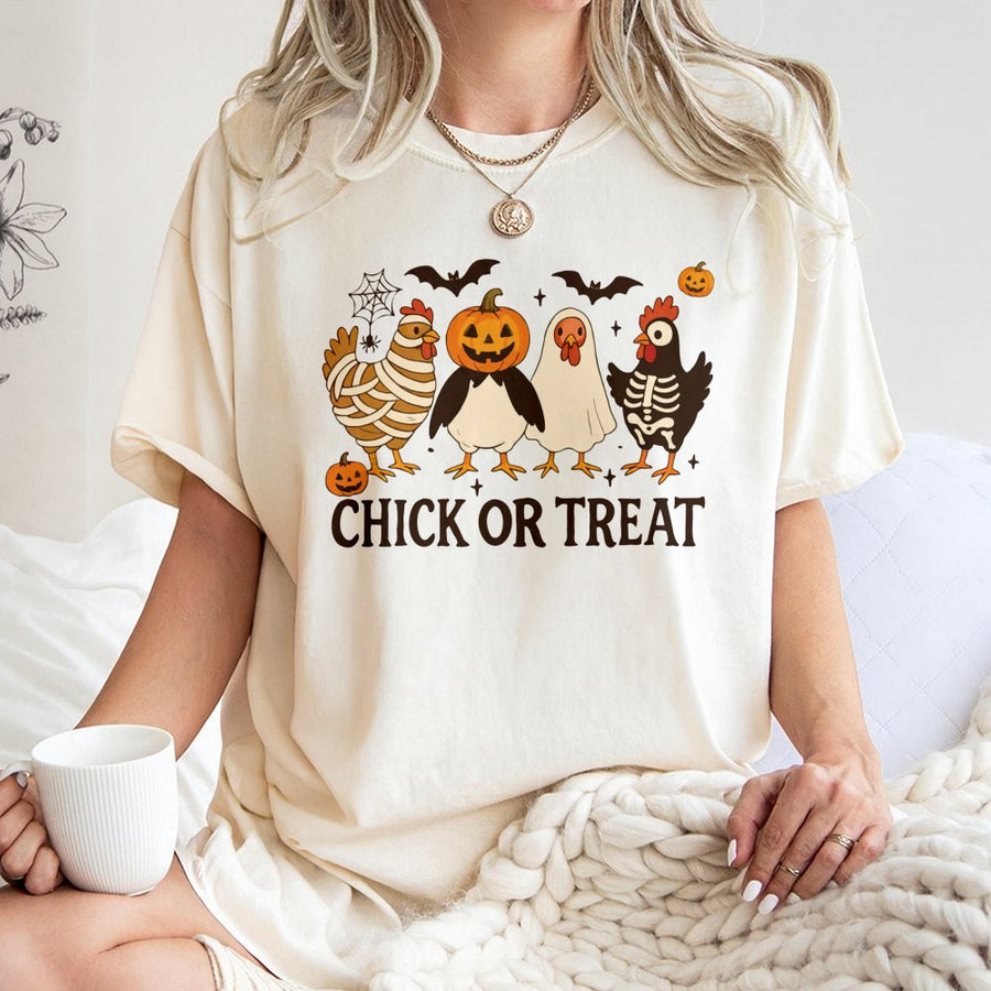 Chick Or Treat Halloween T-Shirt | Funny Spooky Chicken Costume Graphic | Premium 100% Cotton | Cute Animal Lover Gift For Women And Men