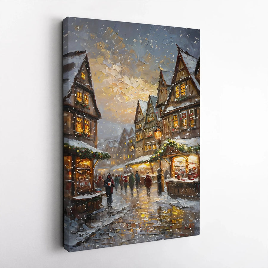 Christmas Market Canvas Print | Snowy European Village Oil Painting | 1.25 Inch Gallery Wrap | Festive Holiday Home Decor Gift