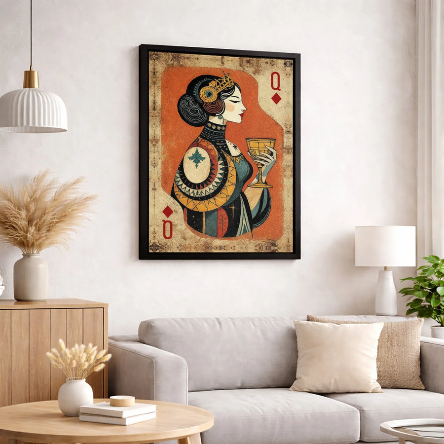 Queen of Diamonds Playing Card Canvas | Vintage Boho Tarot Style Art | Premium Gallery Wrapped Print | Unique Home Decor Gift