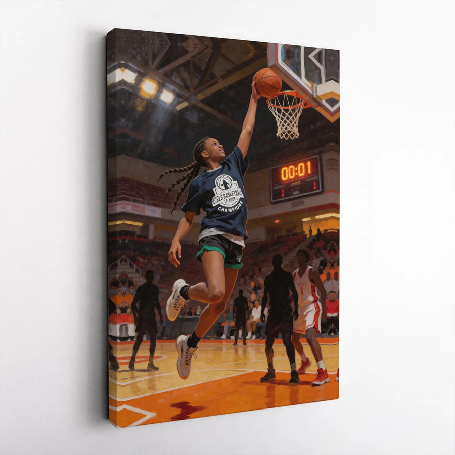 Girls Basketball Canvas Wall Art | Inspirational Female Player Dunk | Premium Gallery Wrapped Print | Motivational Sports Decor Gift for Daughter