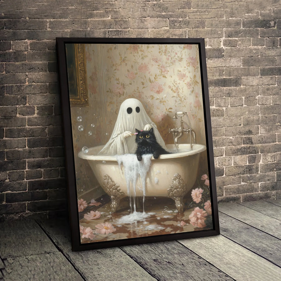 Ghost Brushing Black Cat in Bathtub Canvas | Whimsical Spooky Bathroom Wall Art | Premium 1.25-inch Gallery Wrapped | Cute Halloween Home Decor Gift