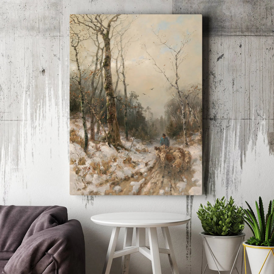Winter Forest Shepherd Painting Canvas | Vintage Landscape Art Print | Premium 1.25" Gallery Wrap | Farmhouse Home Decor Wall Art