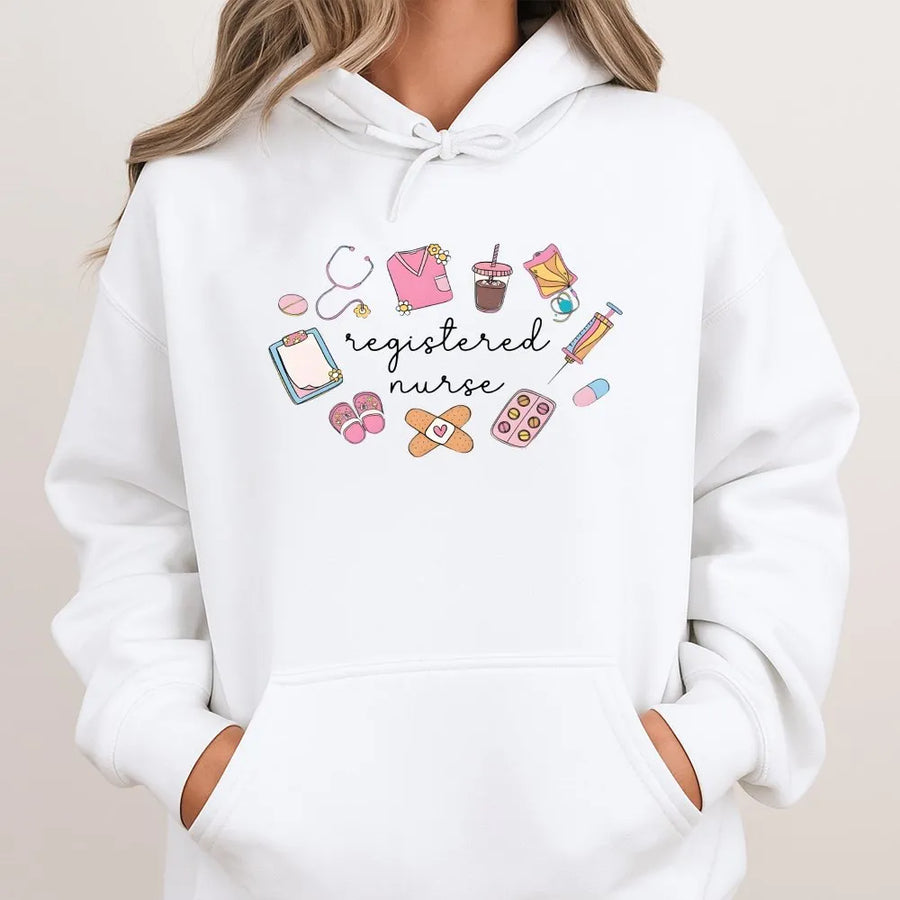 Registered Nurse Hoodie | Cute Nurse Doodle Graphic | Soft Cotton Blend Pullover | Gift for RN Graduate and Nursing Students