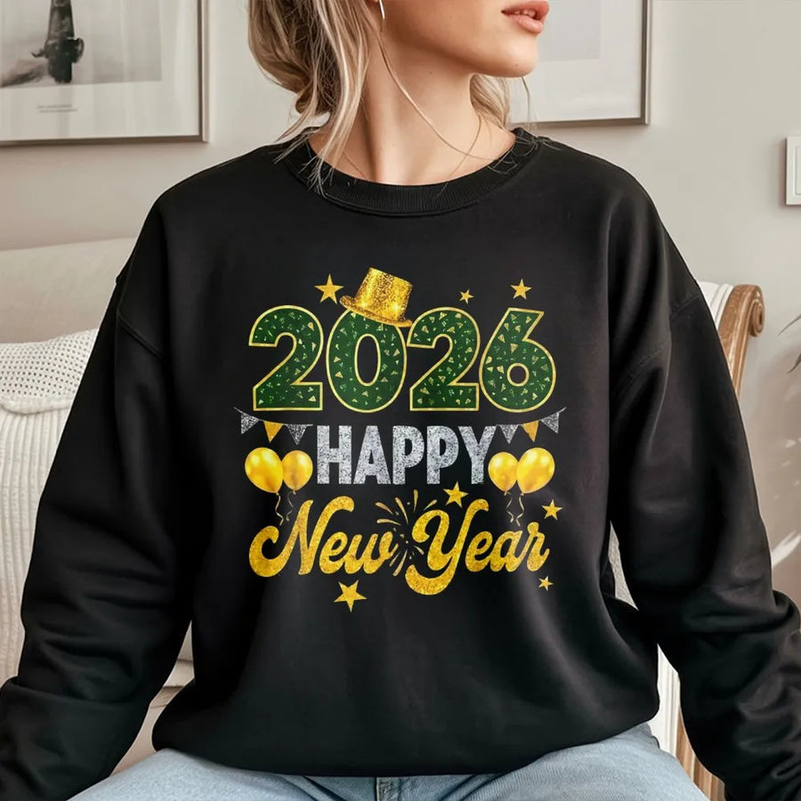 Happy New Year 2026 Sweatshirt | Gold Glitter Party Graphic Design | Cotton Blend Crewneck | Holiday Gift For Men And Women