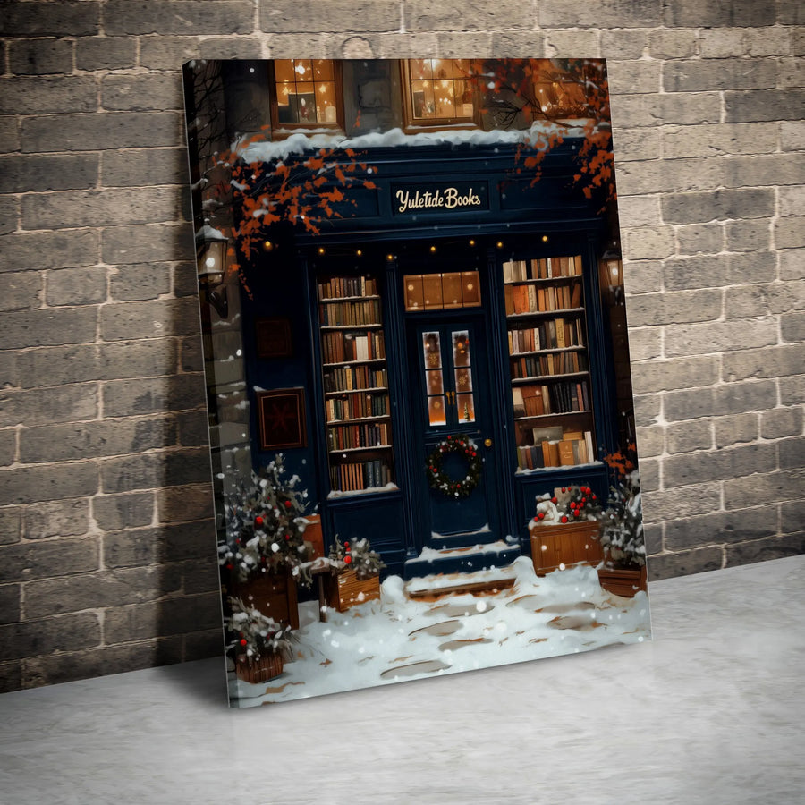 Christmas Bookstore Canvas Wall Art | Snowy Winter Shop Scene | Premium Gallery Wrap Print | Festive Holiday Home Decor Gift