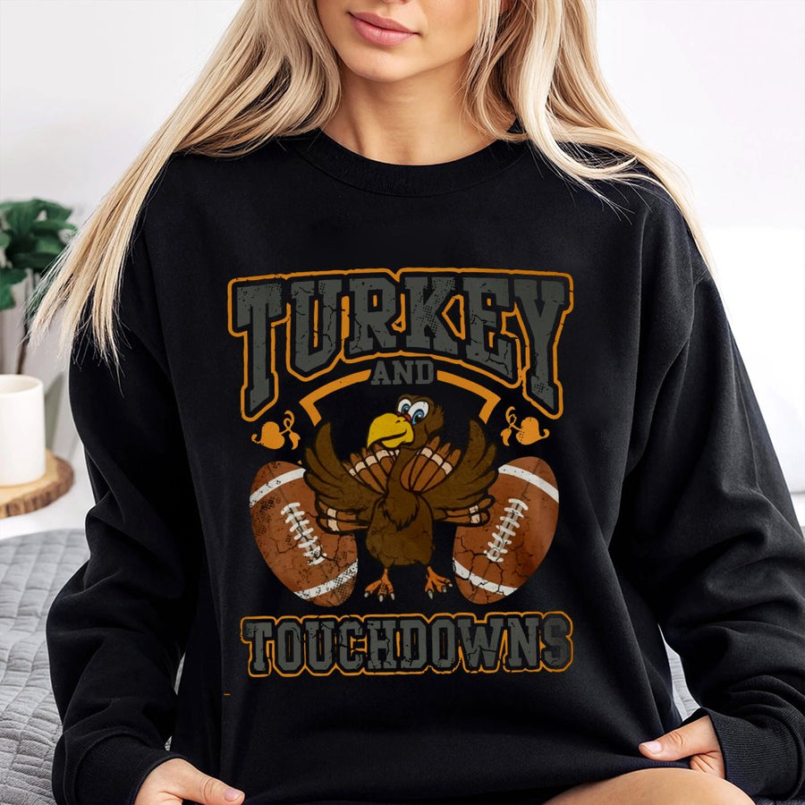 Turkey and Touchdowns Sweatshirt | Funny Thanksgiving Football Design | Premium Cotton Blend | Gift for Football Fans and Thanksgiving Lovers