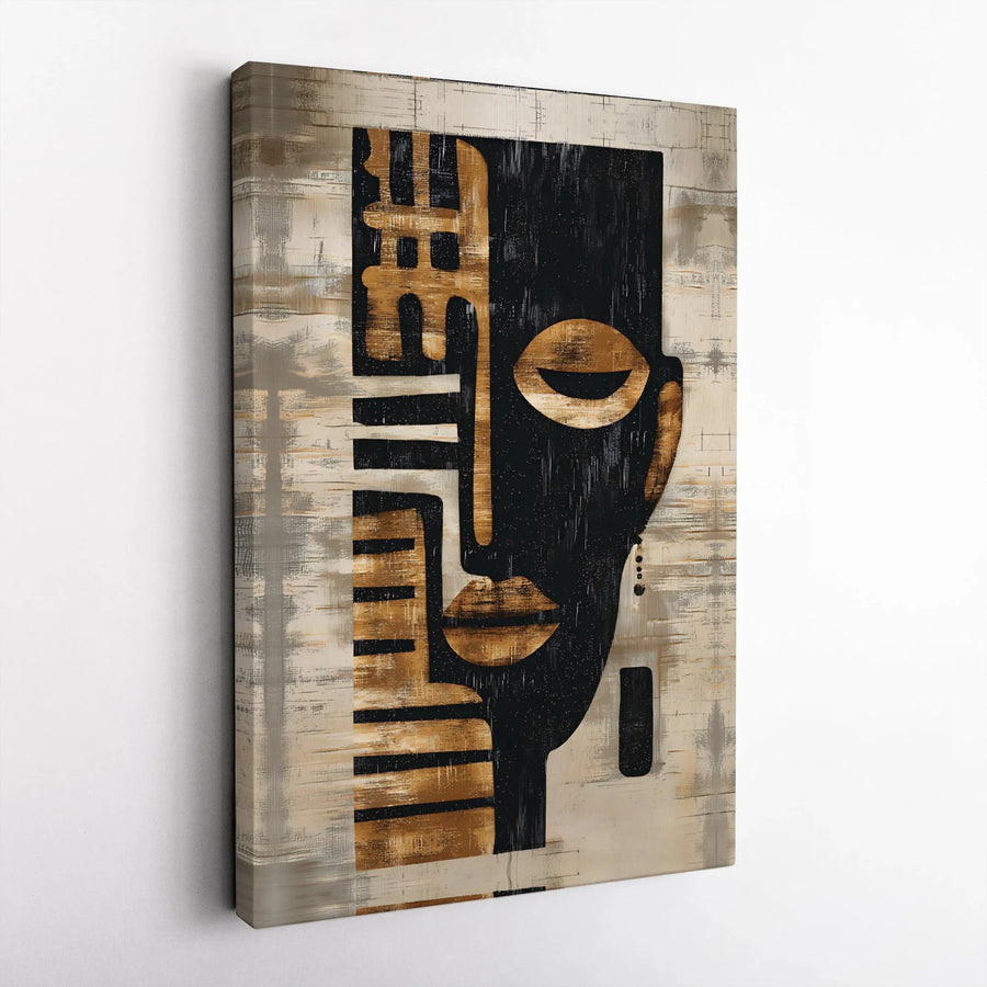 Abstract African Tribal Mask Wall Art | Black and Gold Geometric Face Print | Premium Gallery Wrapped Canvas | Modern Home Decor Gift