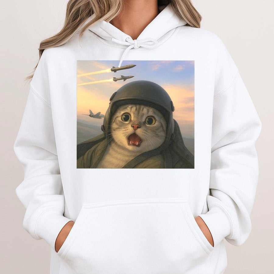 Soldier Cat Hoodie | Fighter Pilot Kitty Graphic Design | Soft Premium Cotton Blend | Funny Meme Gift for Cat Lovers and Military Aviation Fans