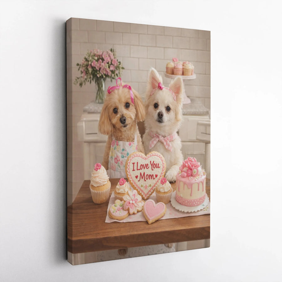 Dog Mom Canvas Wall Art | Cute Puppies Baking Mother's Day Treats | Premium Matte Gallery Print | Unique Gift for Dog Lovers & Moms