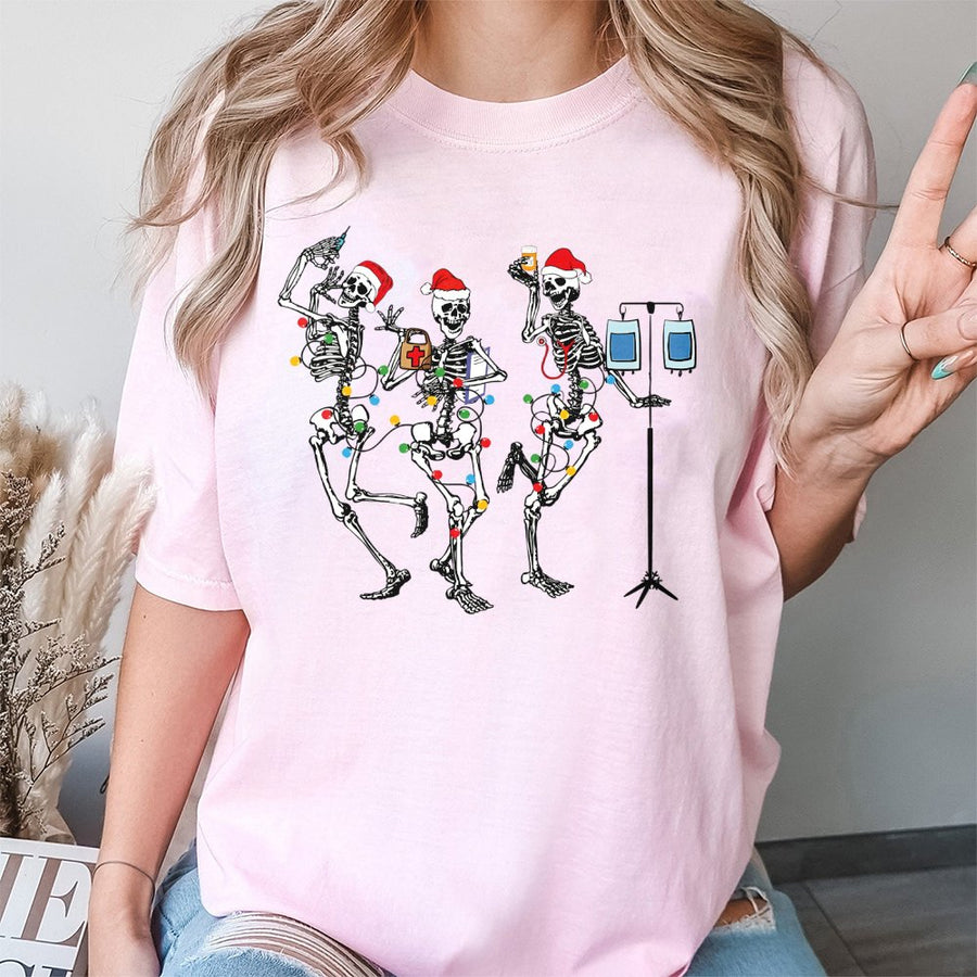 Christmas Nurse T-Shirt | Dancing Skeleton Medical Holiday Design | 100% Cotton Premium Tee | Funny Nurse Gift for Hospital Staff