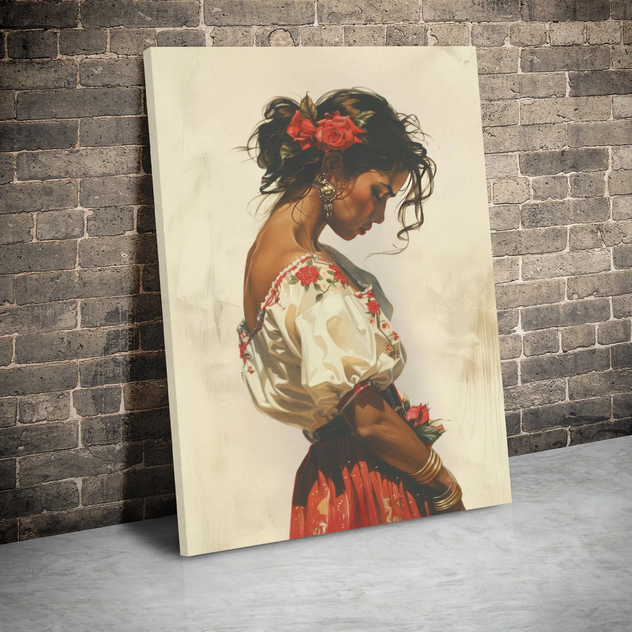 Spanish Woman Portrait Canvas Print | Romantic Red Rose Floral Wall Art | Premium 1.25-Inch Gallery Wrap | Elegant Home Decor for Living Room