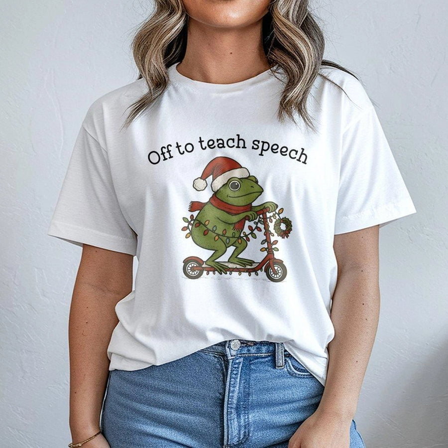 Speech Therapist T-Shirt | Funny Christmas Frog Scooter Design | Premium 100% Cotton Tee | Gift for SLP Language Pathologists