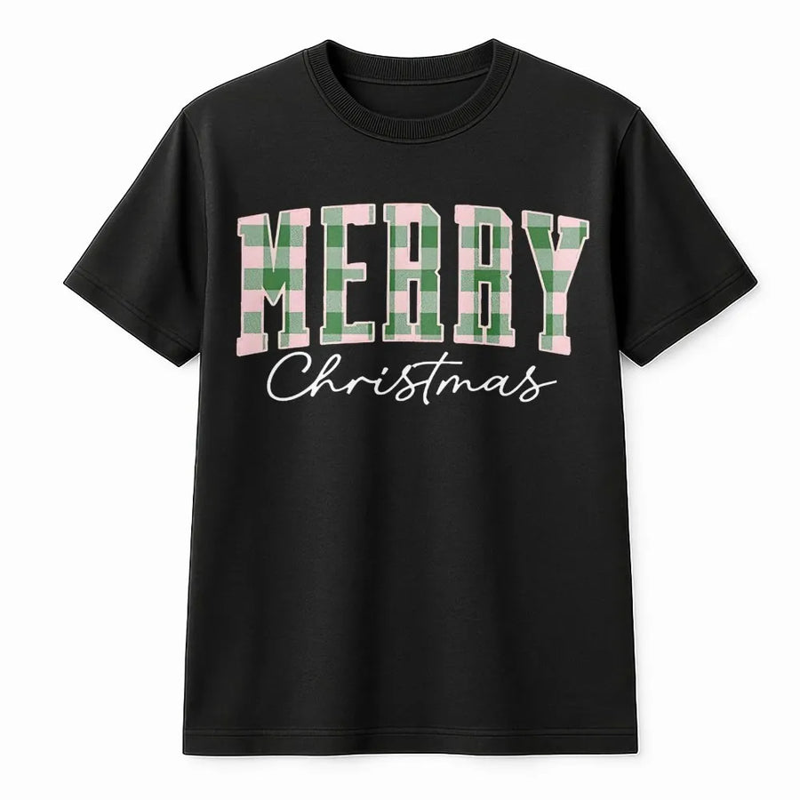 Merry Christmas T-Shirt | Pastel Buffalo Plaid Design | Premium Soft Cotton | Festive Holiday Gift for Family