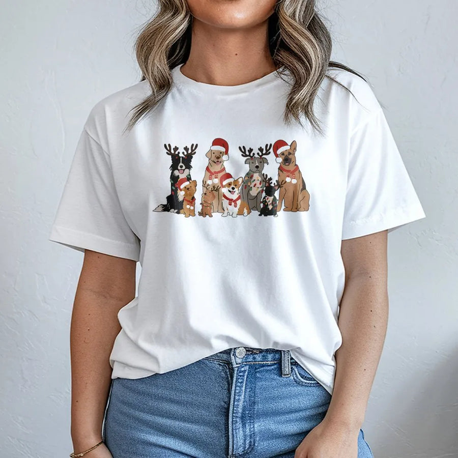 Christmas Dogs T-Shirt | Funny Holiday Group of Puppies Wearing Santa Hats | Premium Soft Cotton Unisex Tee | Best Gift for Dog Lovers & Moms